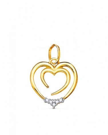 Colgante oro 18k bicolor doble corazón circonita