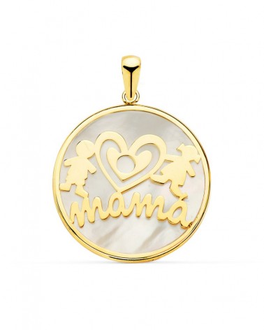 Colgante oro 18k mamá nácar niño niña 20mm