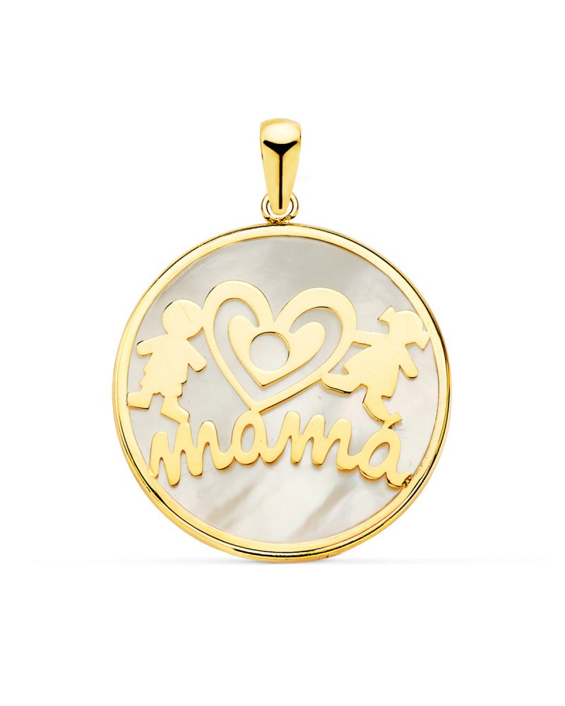 Colgante oro 18k mamá nácar niño niña 20mm