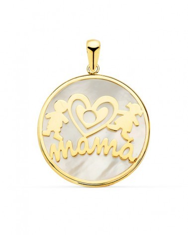 Colgante oro 18k mamá nácar niño niña 20mm