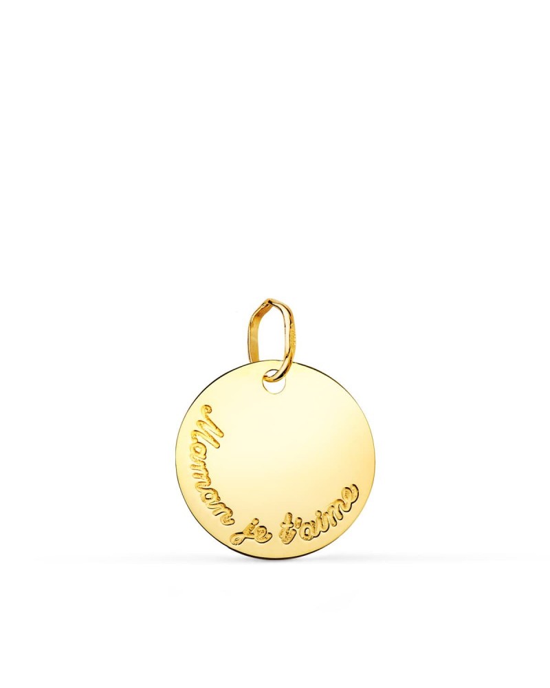 Colgante oro 18k disco grabado Maman Je t'aime 15mm