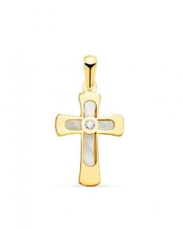 Cruz oro amarillo 18k nácar circonita 20x12mm