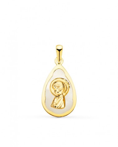 Medalla oro blanco 18k gota nácar Virgen niña 19x12 mm