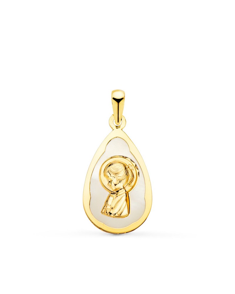 Medalla oro blanco 18k gota nácar Virgen niña 19x12 mm