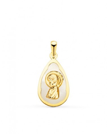Medalla oro blanco 18k gota nácar Virgen niña 19x12 mm