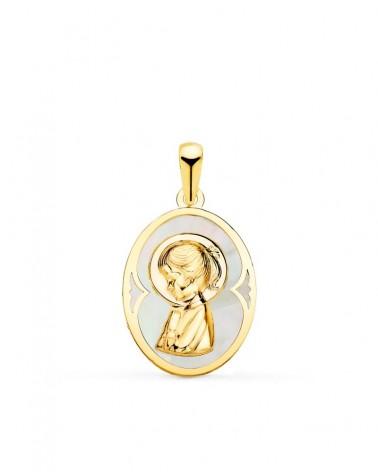 Medalla oro blanco 18k Virgen niña nácar 19x14mm