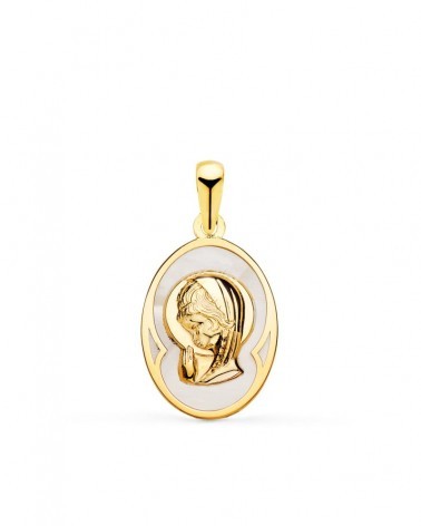 Medalla oro blanco 18k Virgen niña nácar 17x12mm