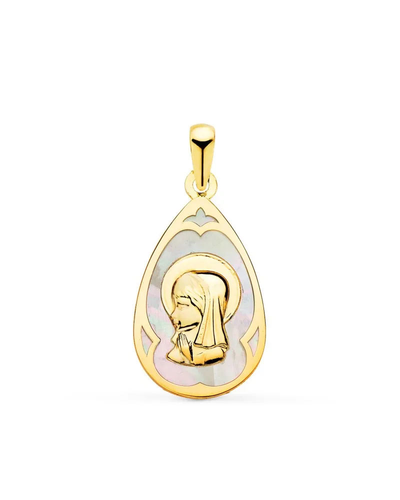 Medalla oro blanco 18k Virgen Niña nácar gota 21x14mm