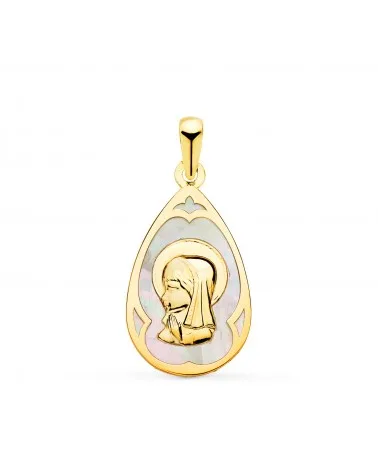 Medalla oro blanco 18k Virgen Niña nácar gota 21x14mm