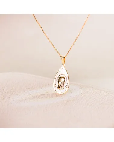 Medalla oro blanco 18k Virgen Niña nácar gota 21x14mm