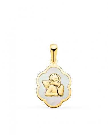 Colgante oro 18k blanco ángel burlón nácar 15x12mm