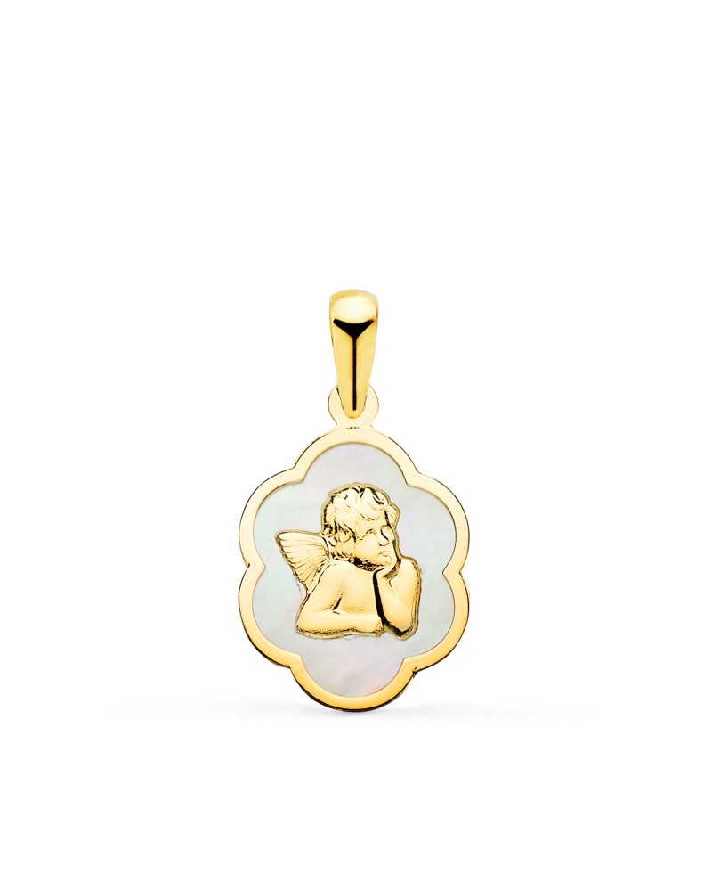 Colgante oro 18k blanco ángel burlón nácar 15x12mm