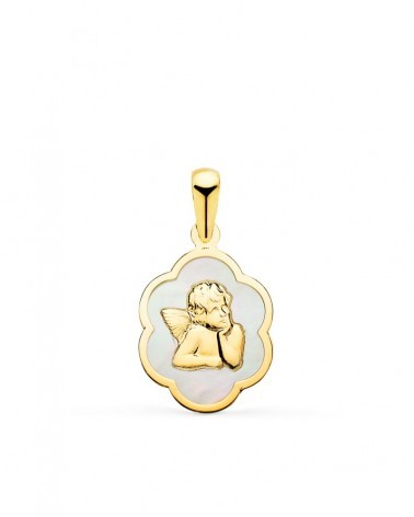 Colgante oro 18k blanco ángel burlón nácar 15x12mm