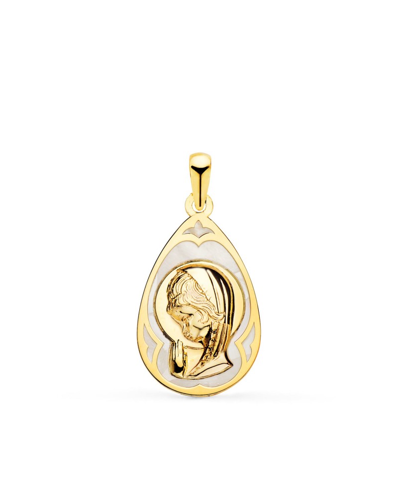Medalla oro blanco 18k Virgen Niña nácar gota 19x12 mm