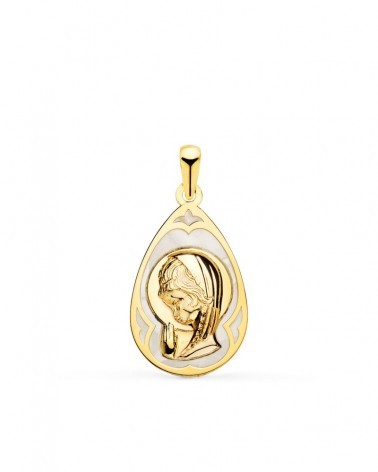 Medalla oro blanco 18k Virgen Niña nácar gota 19x12 mm