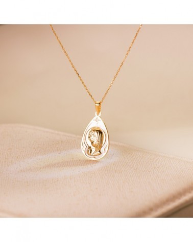 Medalla oro blanco 18k Virgen Niña nácar gota 19x12 mm