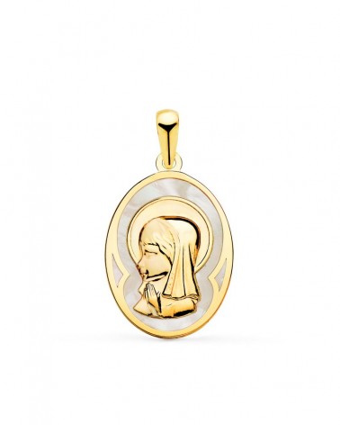 Medalla oro blanco 18k Virgen Niña nácar ovalada 17x12mm