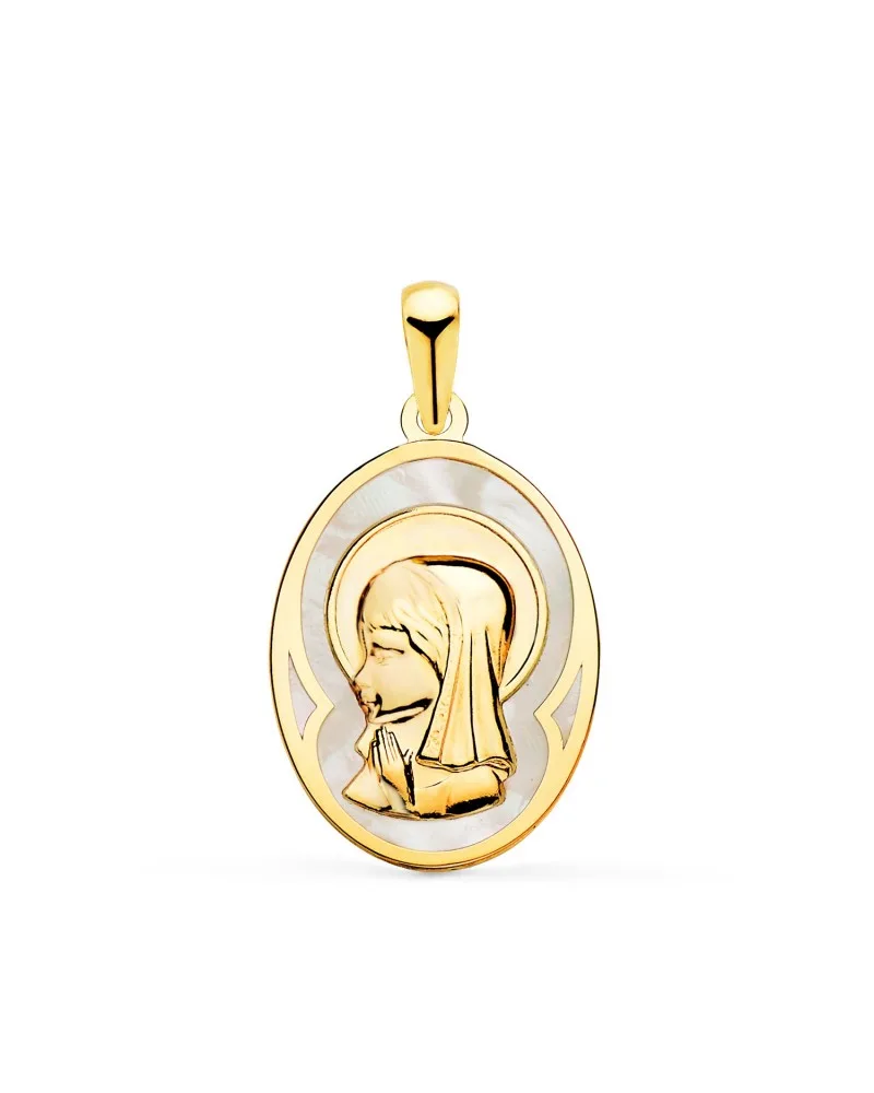 Medalla oro blanco 18k Virgen Niña nácar ovalada 17x12mm