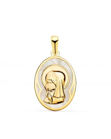 Medalla oro blanco 18k Virgen Niña nácar ovalada 17x12mm