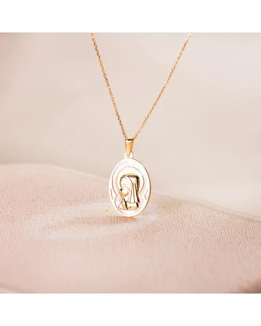 Medalla oro blanco 18k Virgen Niña nácar ovalada 17x12mm