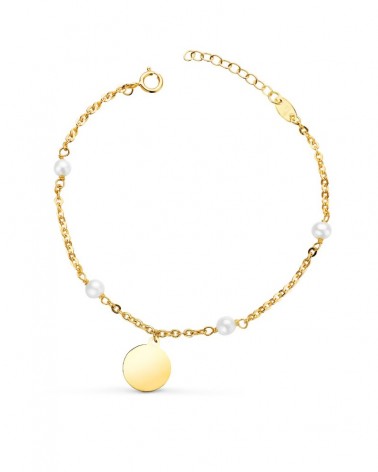 Pulsera oro 18k amarillo perlas placa redonda
