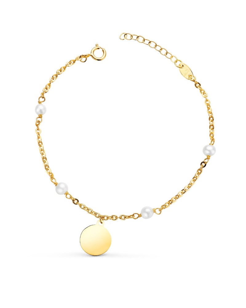 Pulsera oro 18k amarillo perlas placa redonda