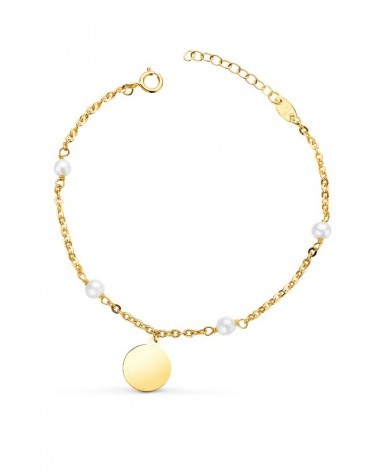 Pulsera oro 18k amarillo perlas placa redonda