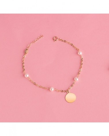 Pulsera oro 18k amarillo perlas placa redonda