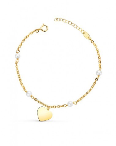 Pulsera oro 18k amarillo perlas corazón 15cm