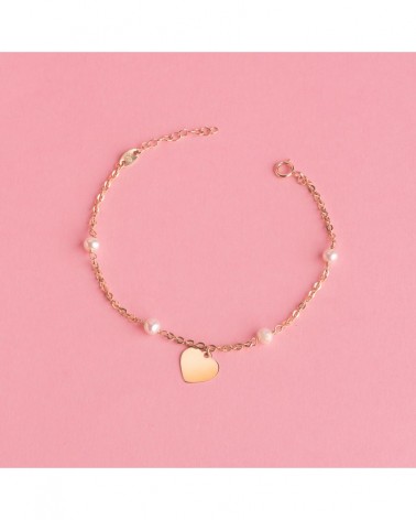 Pulsera oro 18k amarillo perlas corazón 15cm