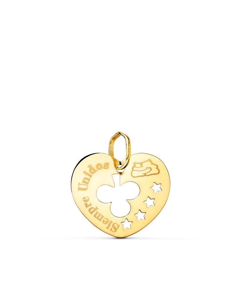 Colgante oro 18k corazón calado Siempre Unidos trébol 16mm
