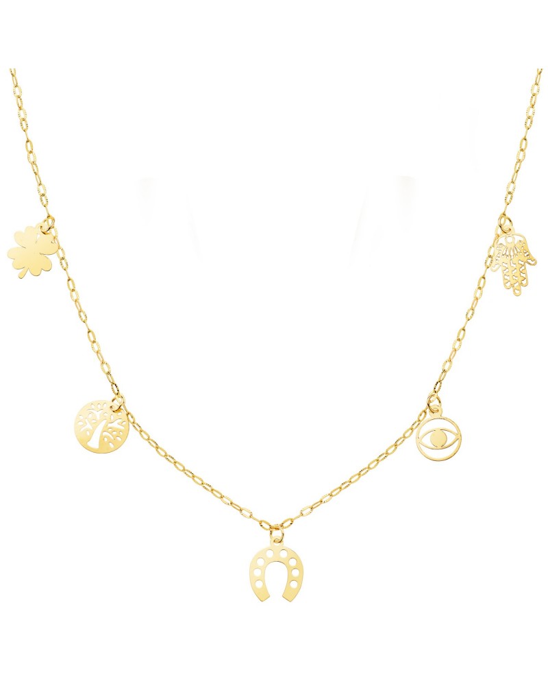 Gargantilla oro 18k amuletos suerte cadena forzada 42cm