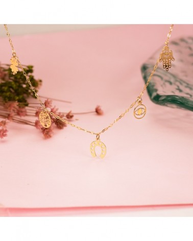 Gargantilla oro 18k amuletos suerte cadena forzada 42cm
