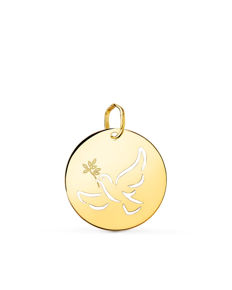 Medalla oro 18k paloma de la paz calada 18 mm