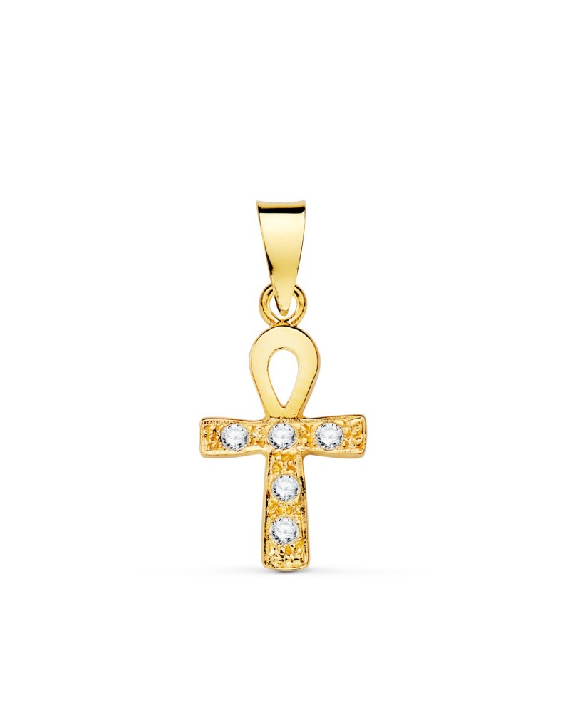 Cruz oro 18k amarillo circonitas asa de la vida 14x10mm