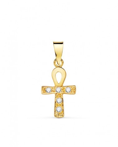 Cruz oro 18k amarillo circonitas asa de la vida 14x10mm