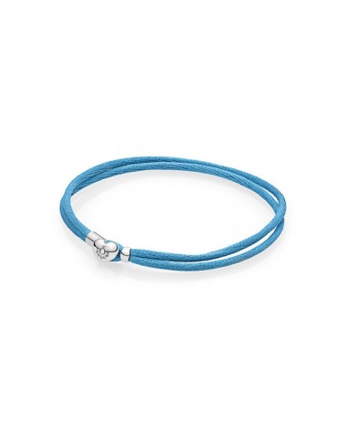 Pulsera Pandora de doble cuero azul cielo con cierre de corazón 590749CTQ