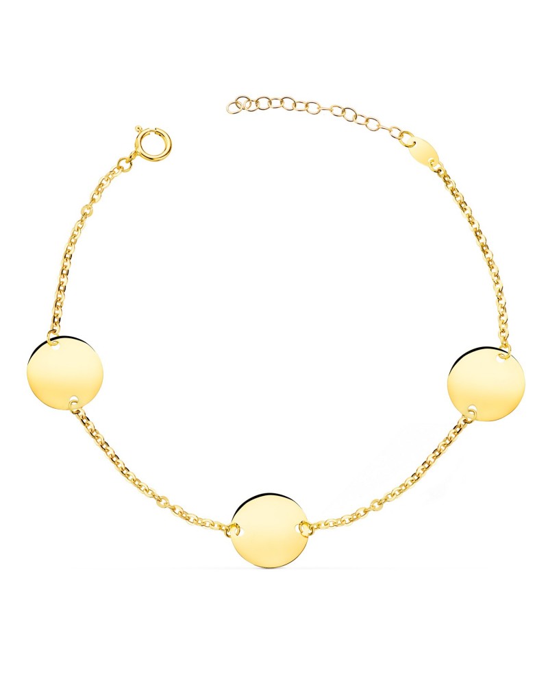 Pulsera oro 18k amarillo 3 discos 18-21cm