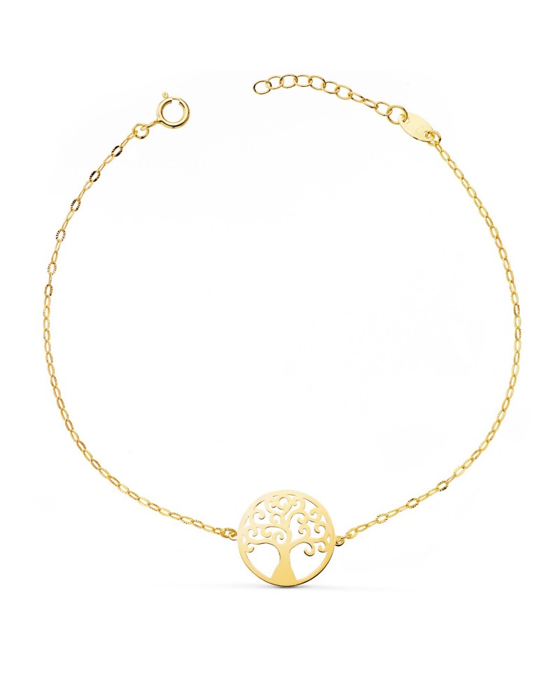 Pulsera oro 18k árbol de la vida 14mm cadena tallada