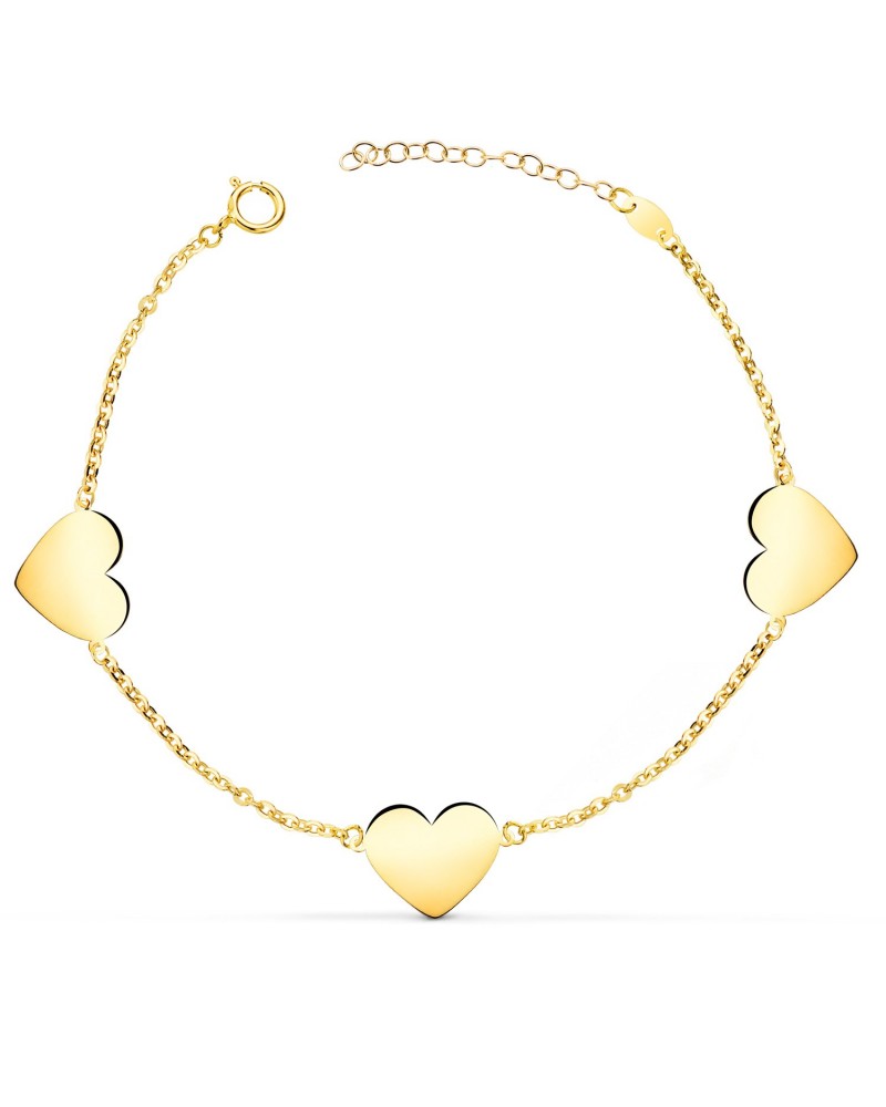 Pulsera oro 18k tres corazones brillo 11x10 mm