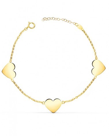 Pulsera oro 18k tres corazones brillo 11x10 mm