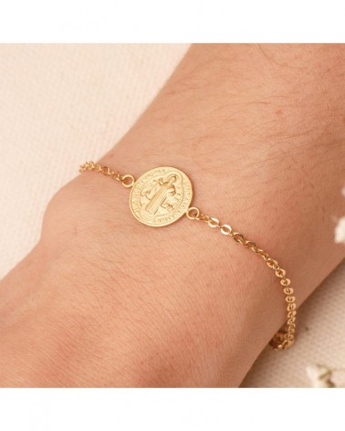 Pulsera oro 18k medalla San Benito 12 mm