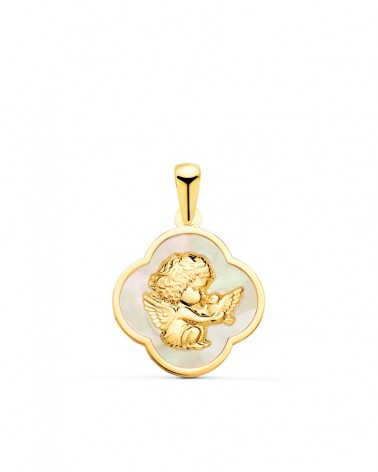 Colgante oro 18k trébol ángel nácar blanco 17mm