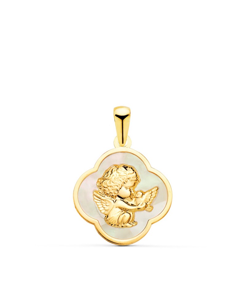 Colgante oro 18k trébol ángel nácar blanco 17mm