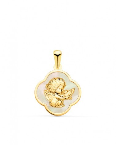 Colgante oro 18k trébol ángel nácar blanco 17mm
