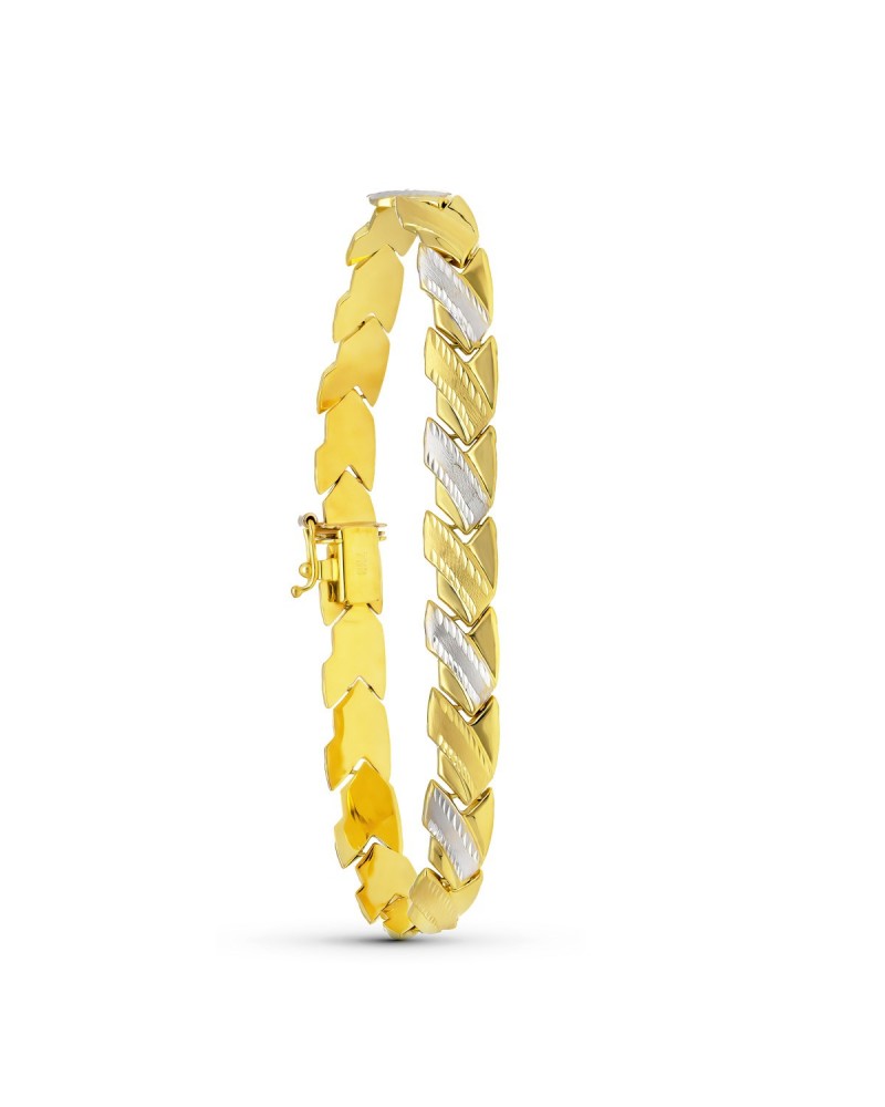 Pulsera oro 18k bicolor diseño espiga estampada