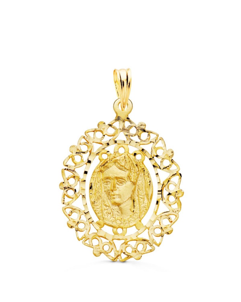 Medalla oro 18k Virgen de la Macarena cerco filigrana 28x21mm
