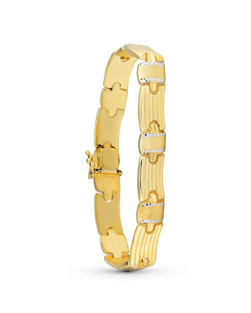 Pulsera oro 18k bicolor eslabones estampados