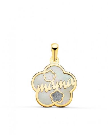 Colgante oro 18k madre nácar flor diamante 15mm
