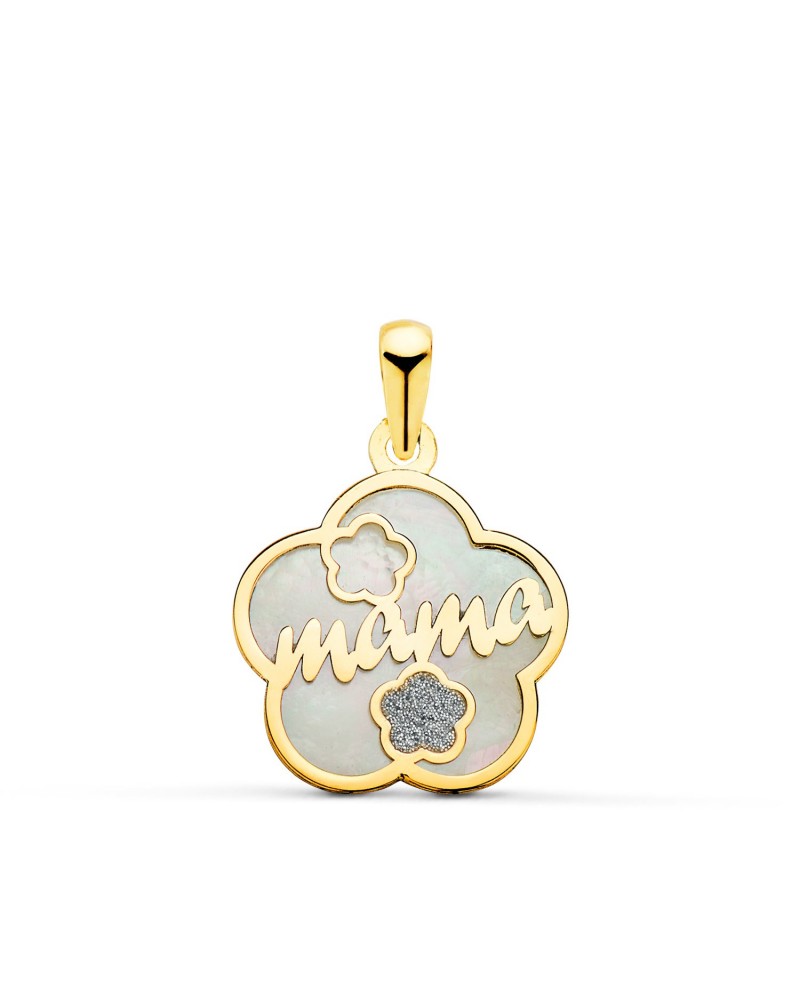 Colgante oro 18k madre nácar flor diamante 15mm